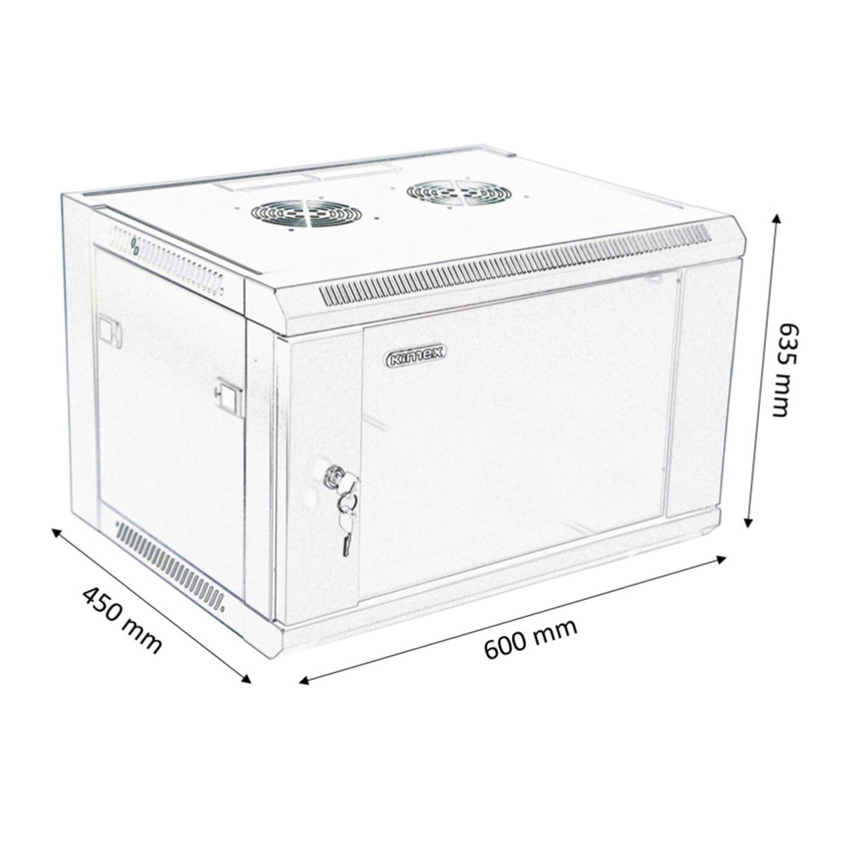 Un rack server rettangolare bianco con dimensioni etichettate e una porta con serratura.