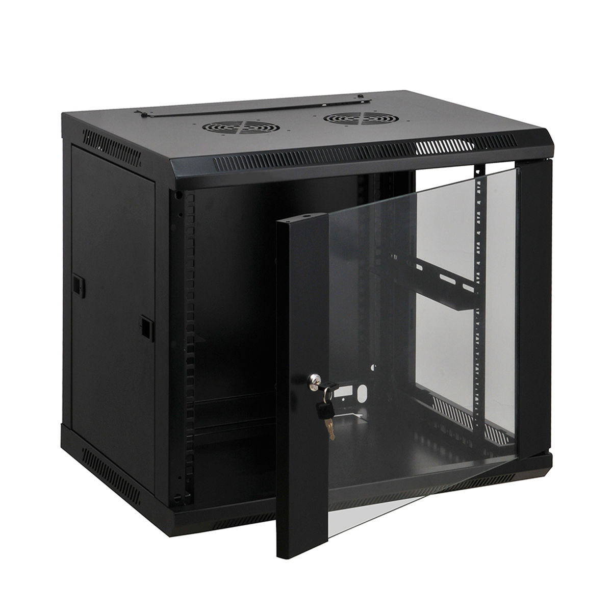 Un armadio rack server nero con una porta a vetro aperta, che rivela i componenti interni.