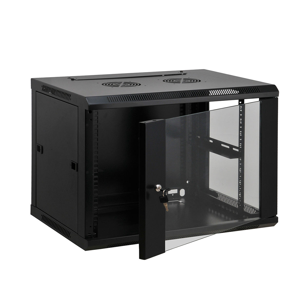 Armadio rack server nero con porta a vetro, parzialmente aperto, con chiave inserita.
