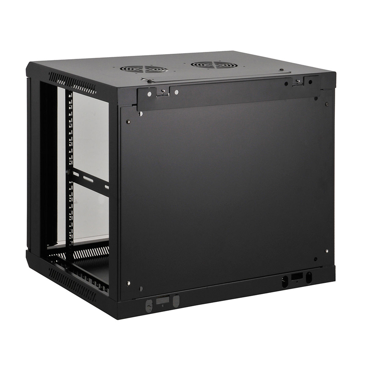 Rack server nero con porta in vetro. Vista laterale e frontale. Contiene attrezzature.