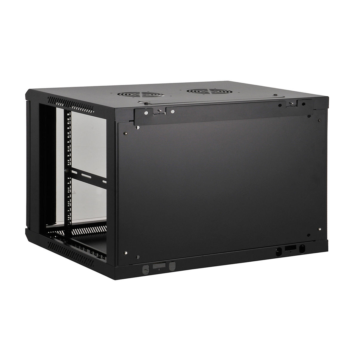 Un rack server nero con porte in vetro. Ha un motivo a griglia all'interno.