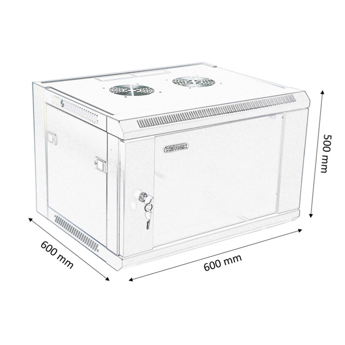 Armadio server metallico con dimensioni, serratura e griglie di ventilazione, su sfondo bianco.