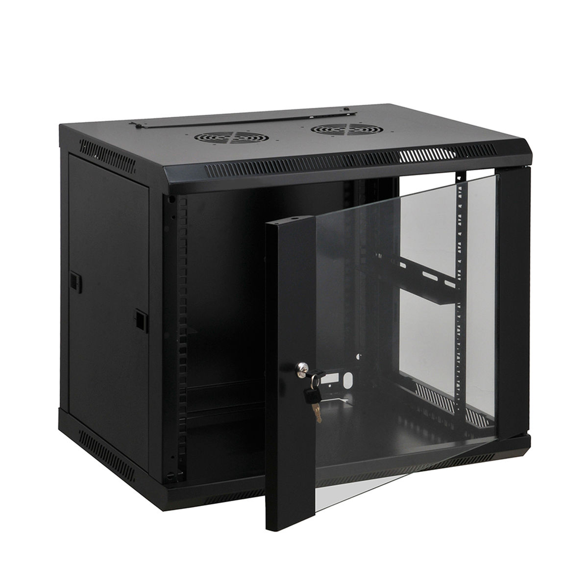 Rack server nero con porta in vetro aperta, mostra i componenti interni.
