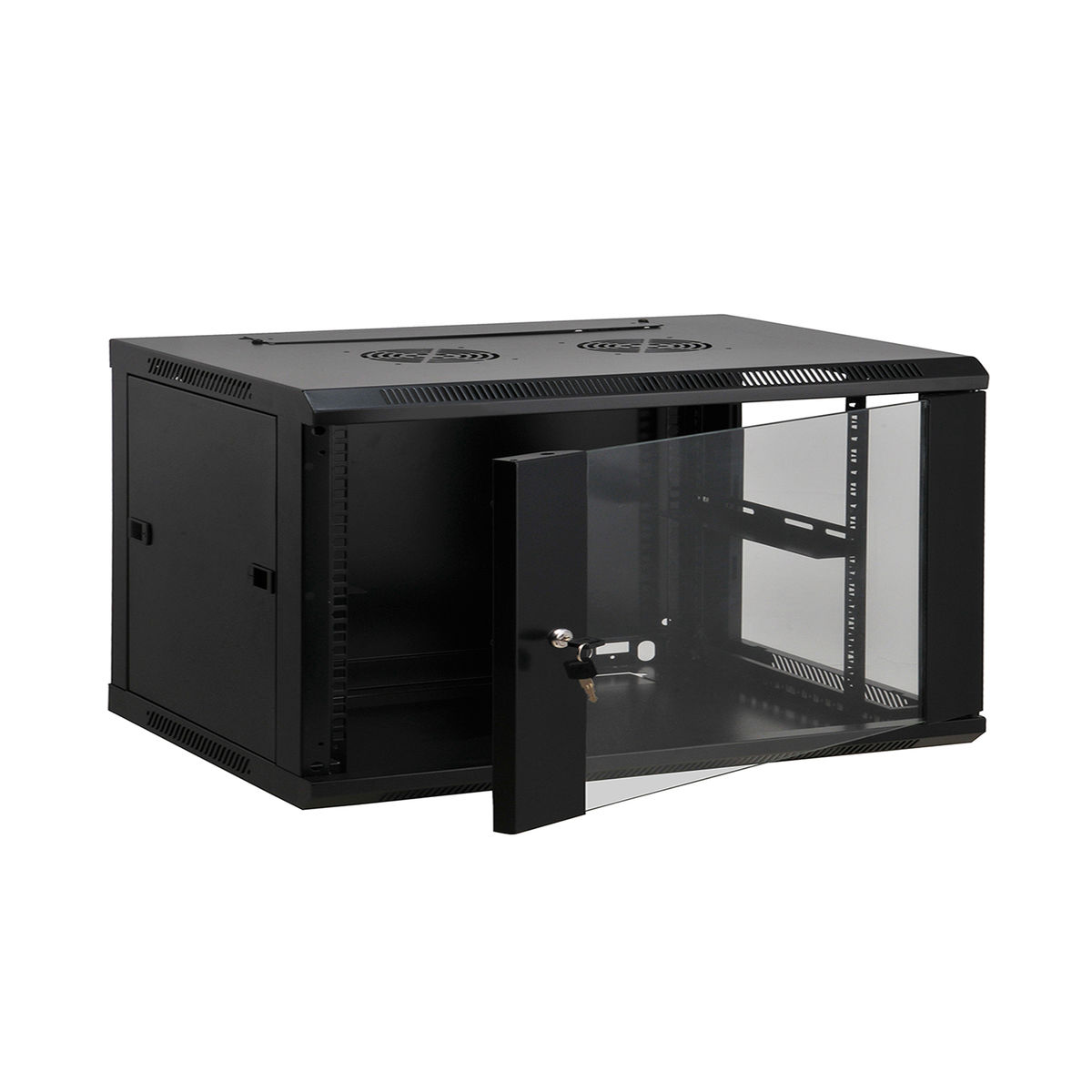 Armadio di rete nero con porta in vetro. È aperto. Sfondo bianco.