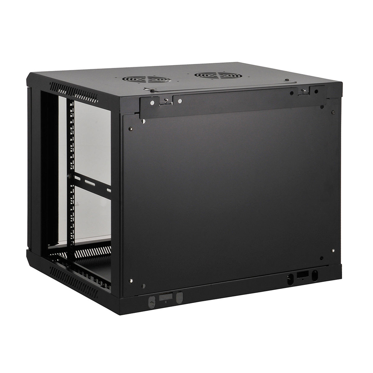 Un armadio rack server nero, aperto frontalmente, con porte in vetro e componenti interni visibili.