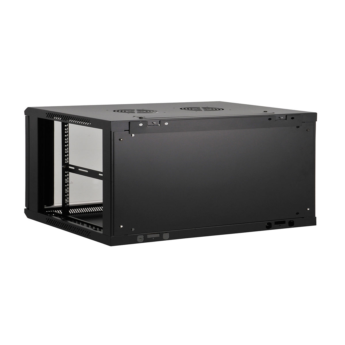Un rack server nero, rettangolare, con porta e fianchi ventilati, su sfondo bianco.