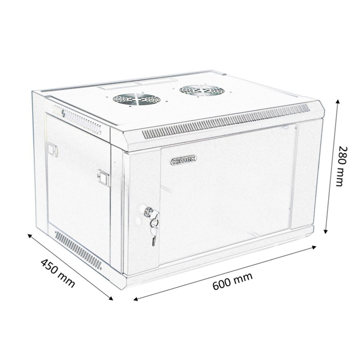 Rack server bianco e grigio con dimensioni.