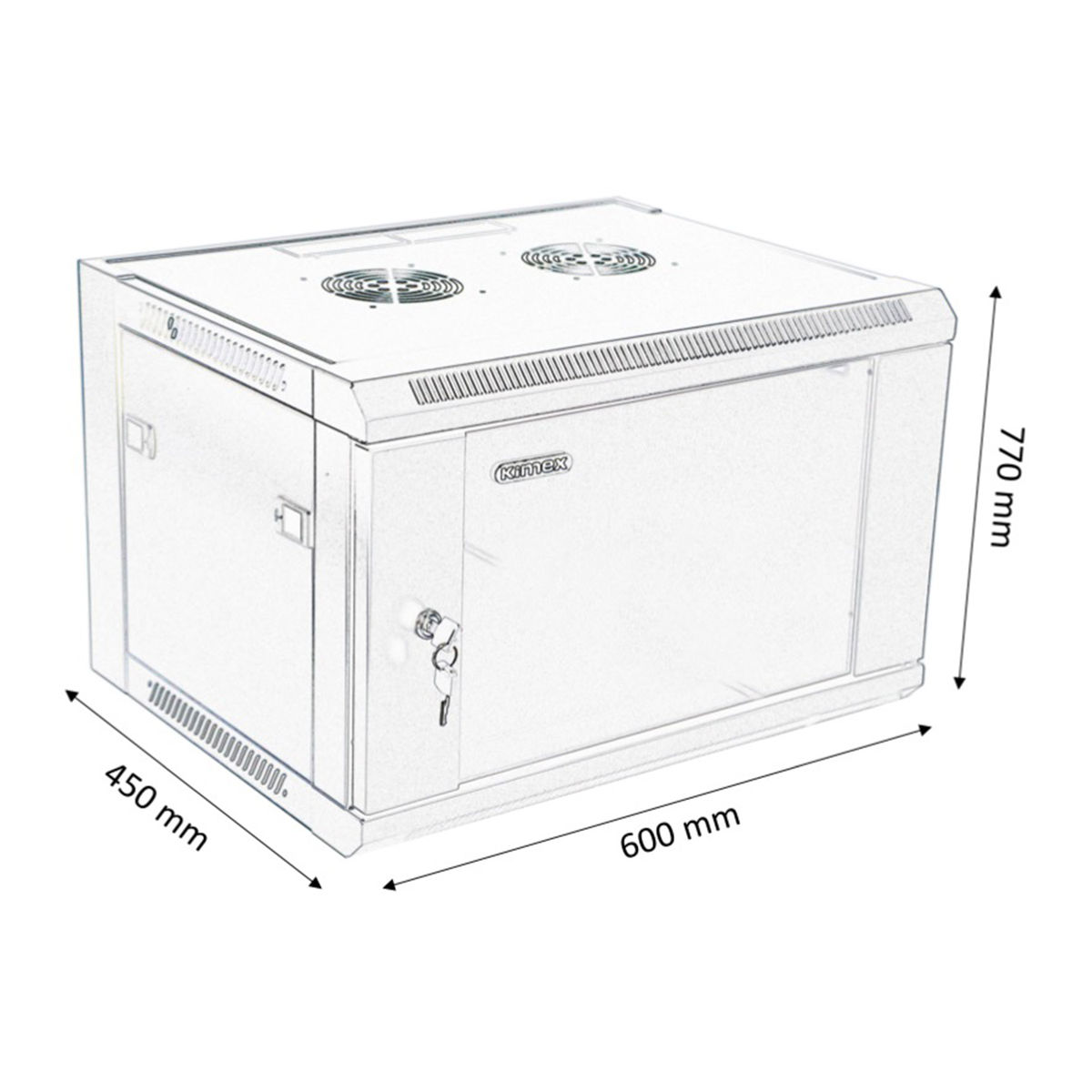 Un armario de red metálico. Es gris y tiene dimensiones etiquetadas. Tiene orificios de ventilación y una cerradura.
