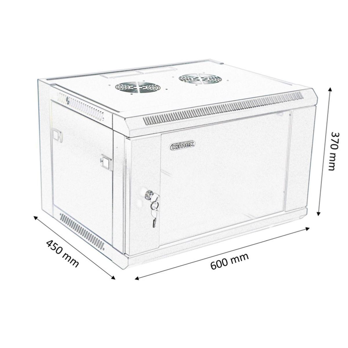 Un armadio rack metallico bianco con dimensioni espresse in millimetri.