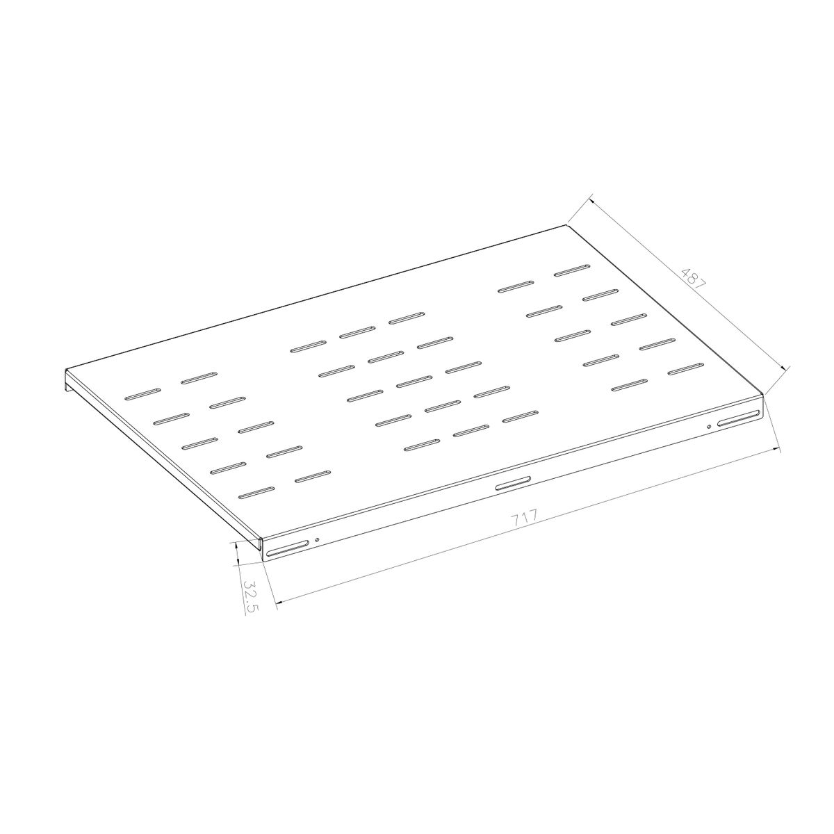 Un estante rectangular con múltiples ranuras, con dimensiones escritas en él.