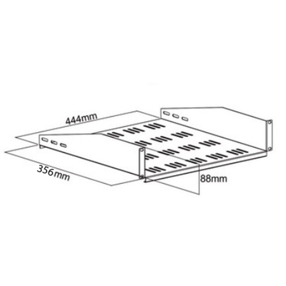 Un ripiano in metallo con dimensioni espresse in millimetri. Ha una base perforata e pareti laterali.