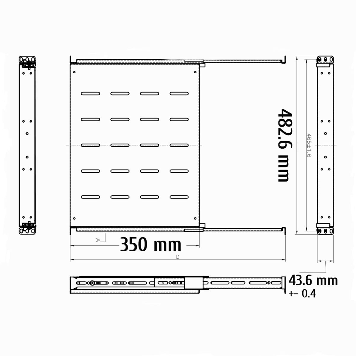 Disegno tecnico di una guida per cassetti metallica con dimensioni in mm.