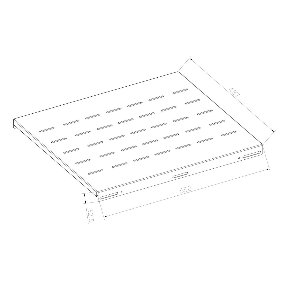 Vista isometrica di un ripiano in metallo con molti ritagli, con dimensioni sovrapposte.