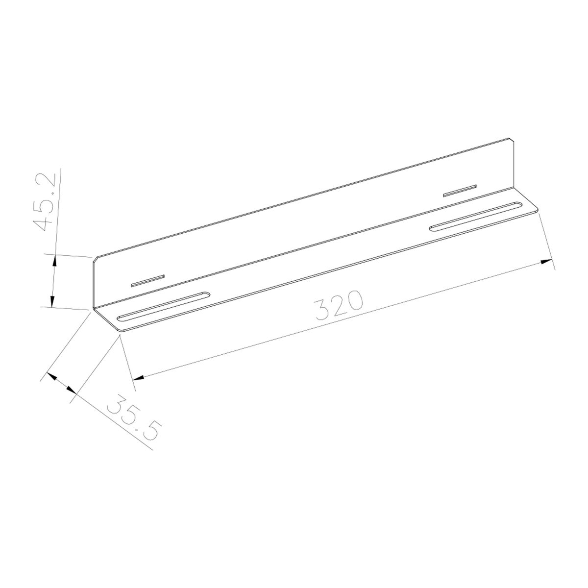 Disegno a linea di una staffa metallica con misure. Le misure in mm sono 45,2, 320 e 35,5.