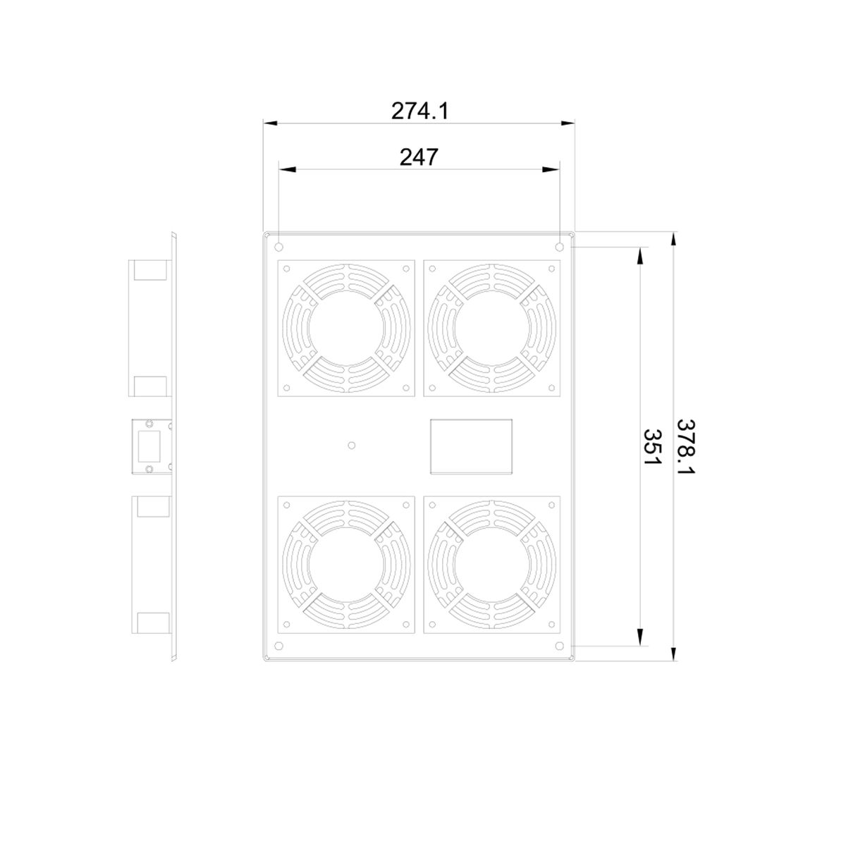 Diagramma di un pannello con ventole e misure su sfondo bianco. Disegno tecnico.