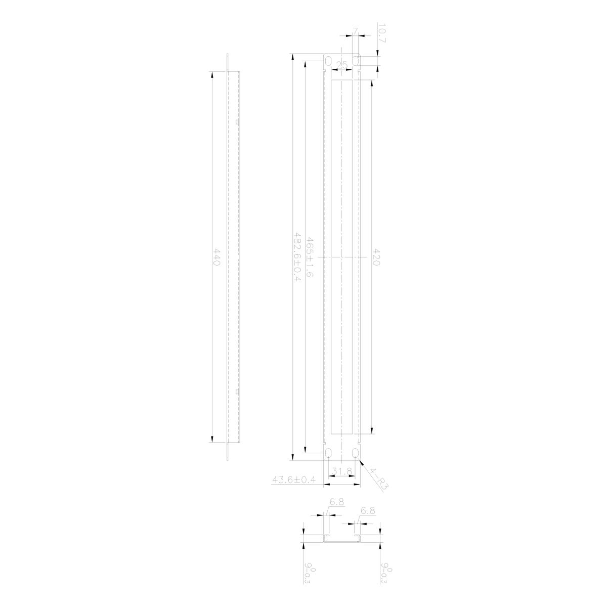 Disegno tecnico di due rettangoli lunghi e stretti con dimensioni. Sfondo bianco.