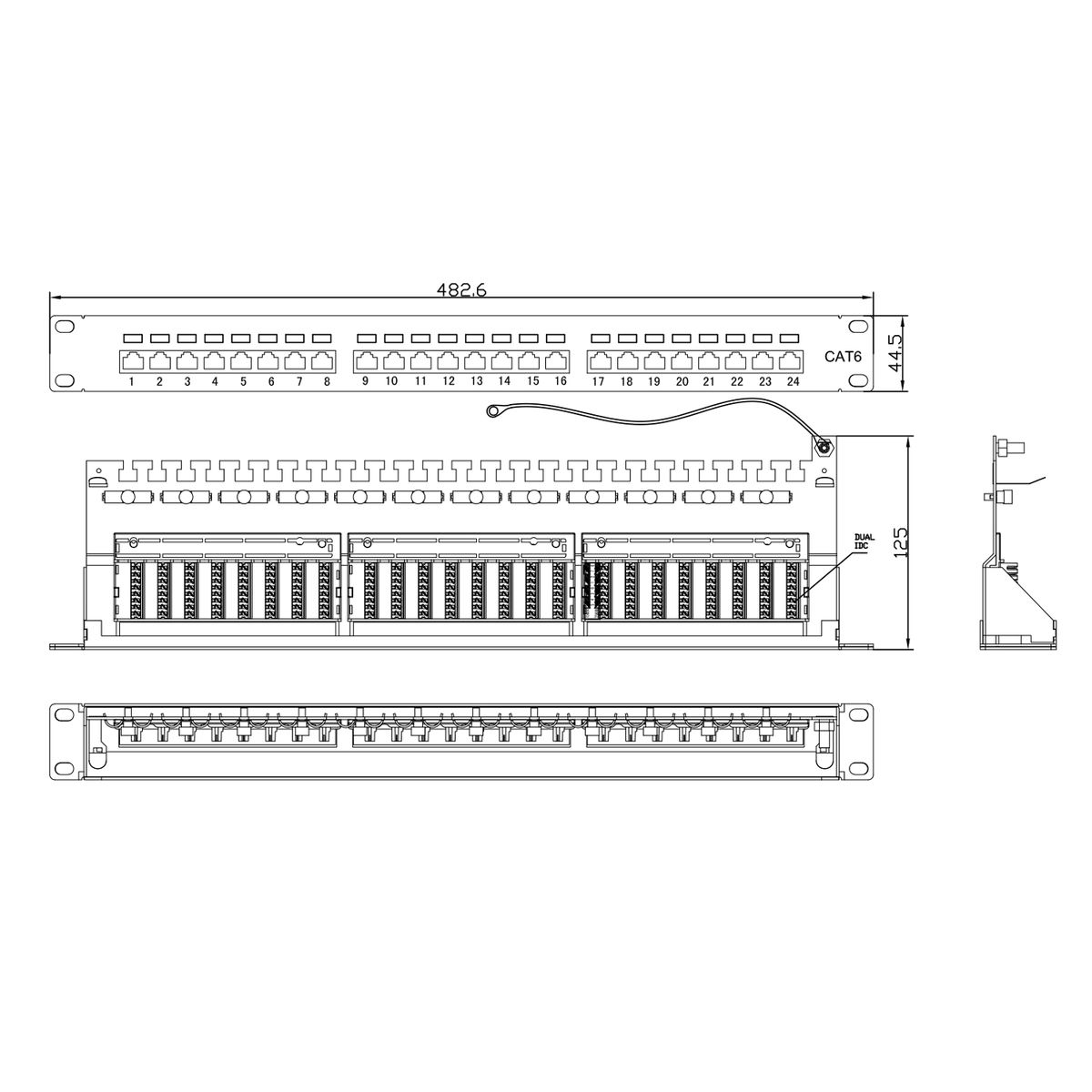 Disegno tecnico di un pannello di permutazione con più porte e dimensioni etichettate.