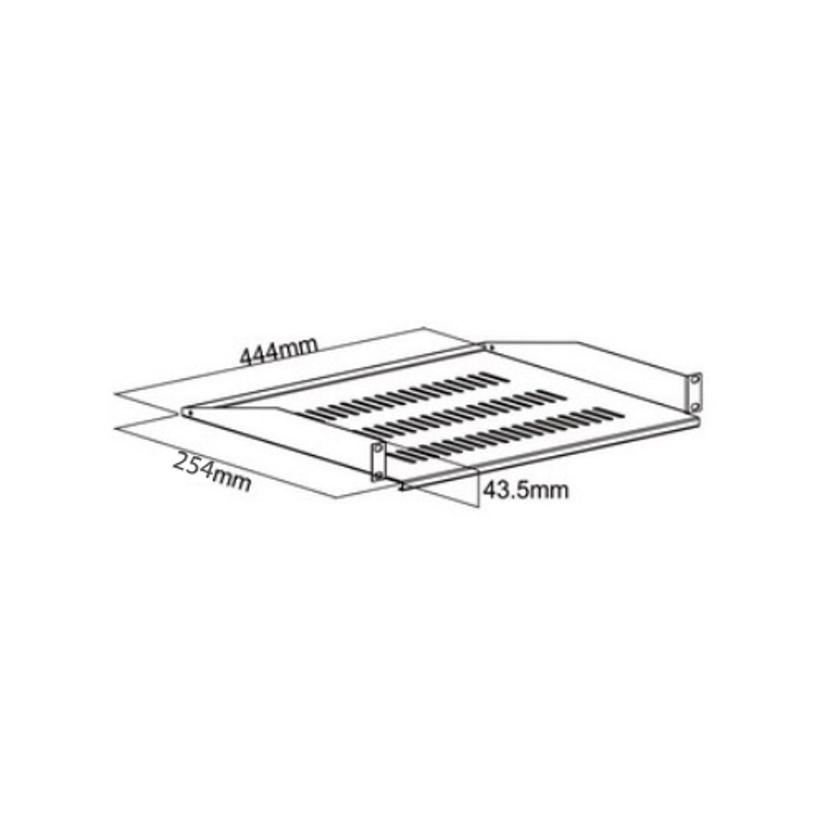 Diagramma di un ripiano metallico con dimensioni: 444x254x43.5mm.