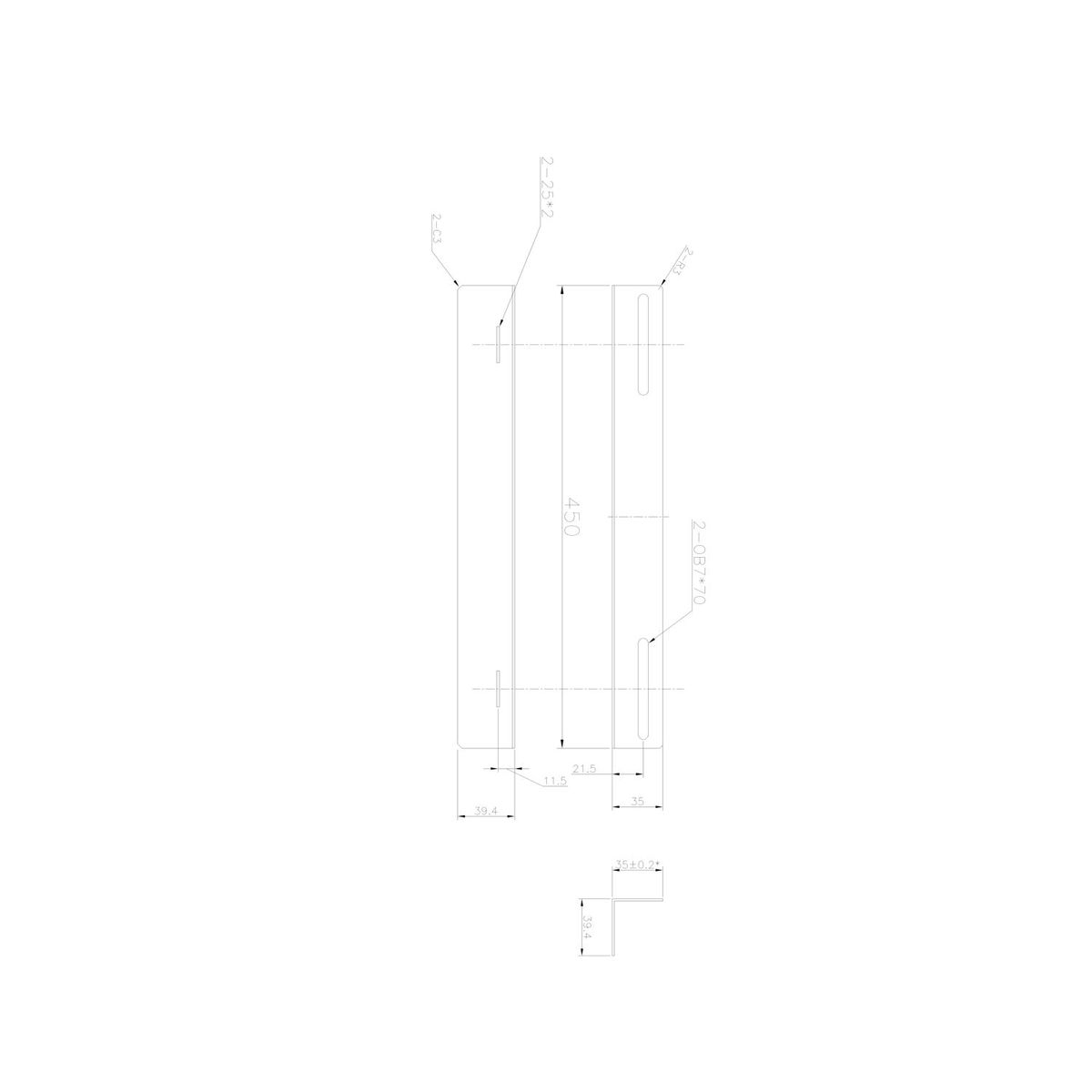 Un disegno tecnico di un pezzo metallico con dimensioni: 450 mm di lunghezza, con altre misure.