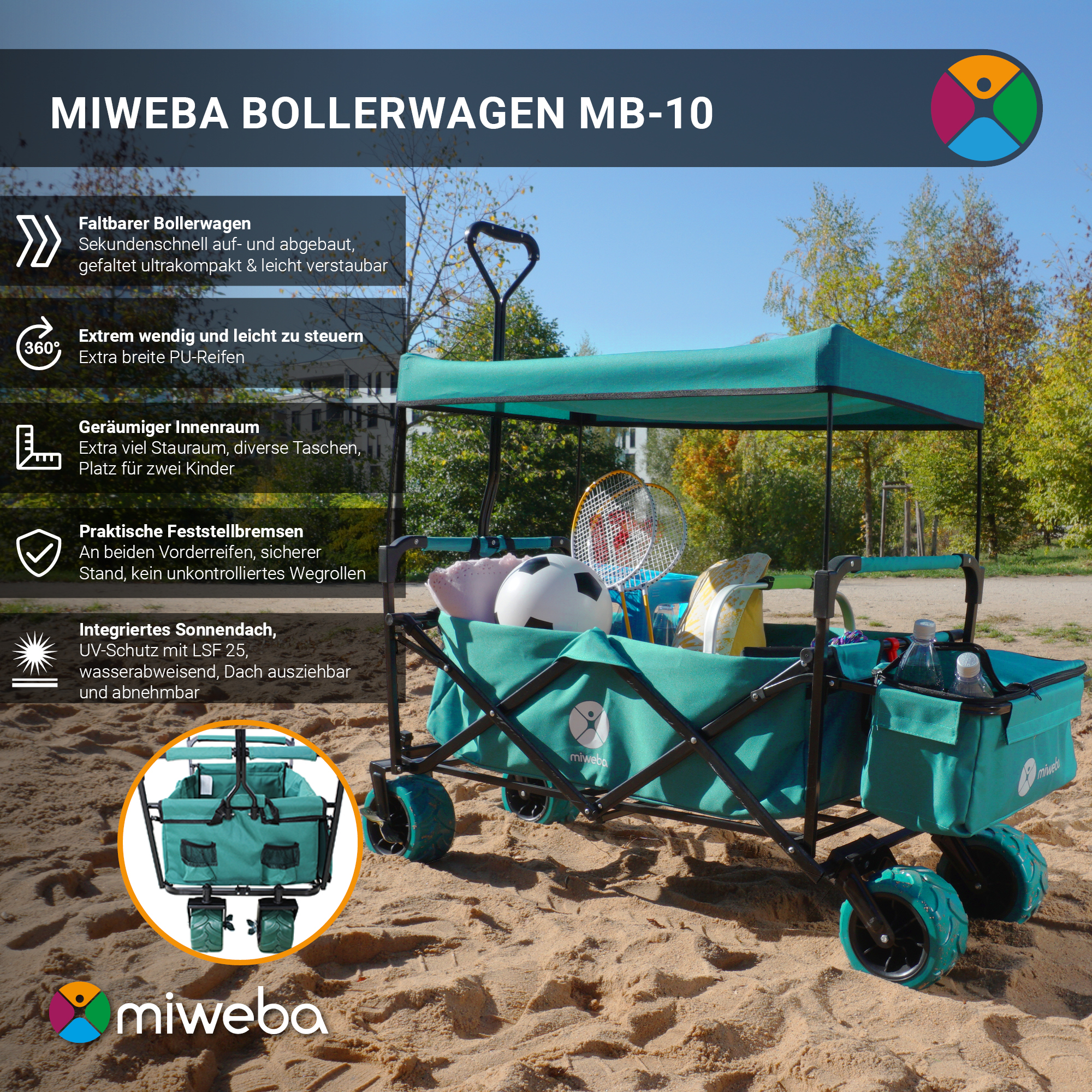 Ein blau-grüner Bollerwagen mit Gegenständen beladen. Der Wagen hat ein Verdeck und steht auf Sand.