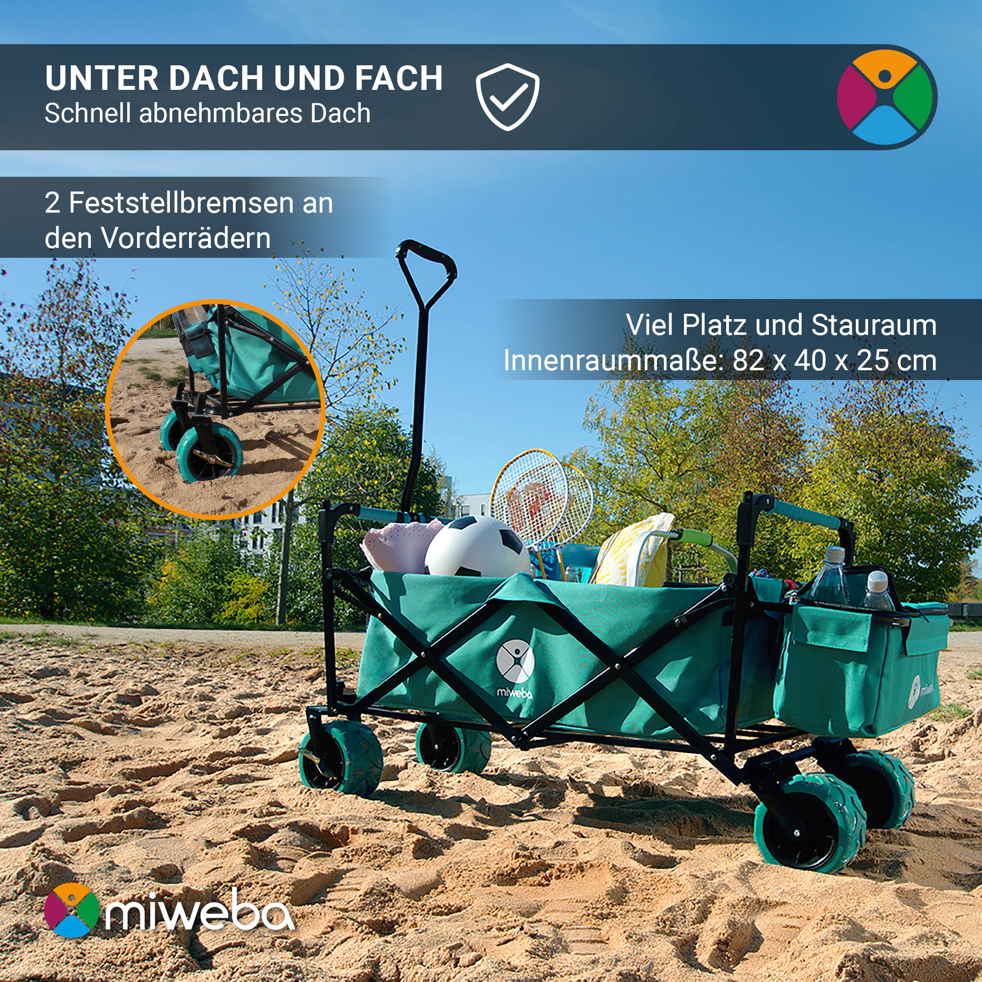Grüner Wagen auf Sand mit Text: Unter Dach und Fach, abnehmbares Dach.