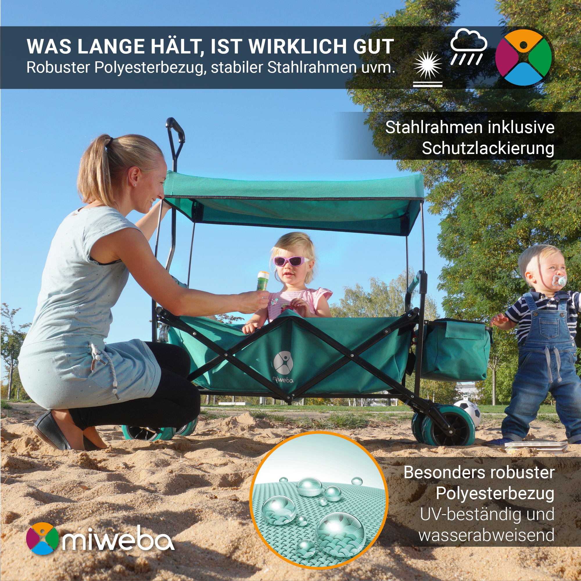 Eine Frau und zwei Kinder spielen am Strand mit einem grünen Wagen. Deutscher Text sichtbar.