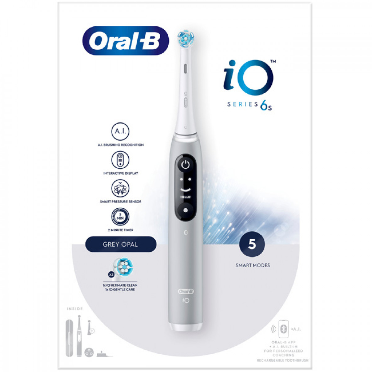 Eine elektrische Zahnbürste Oral-B iO Serie 6s. Sie ist grau mit weißem Bürstenkopf und hat ein Display.