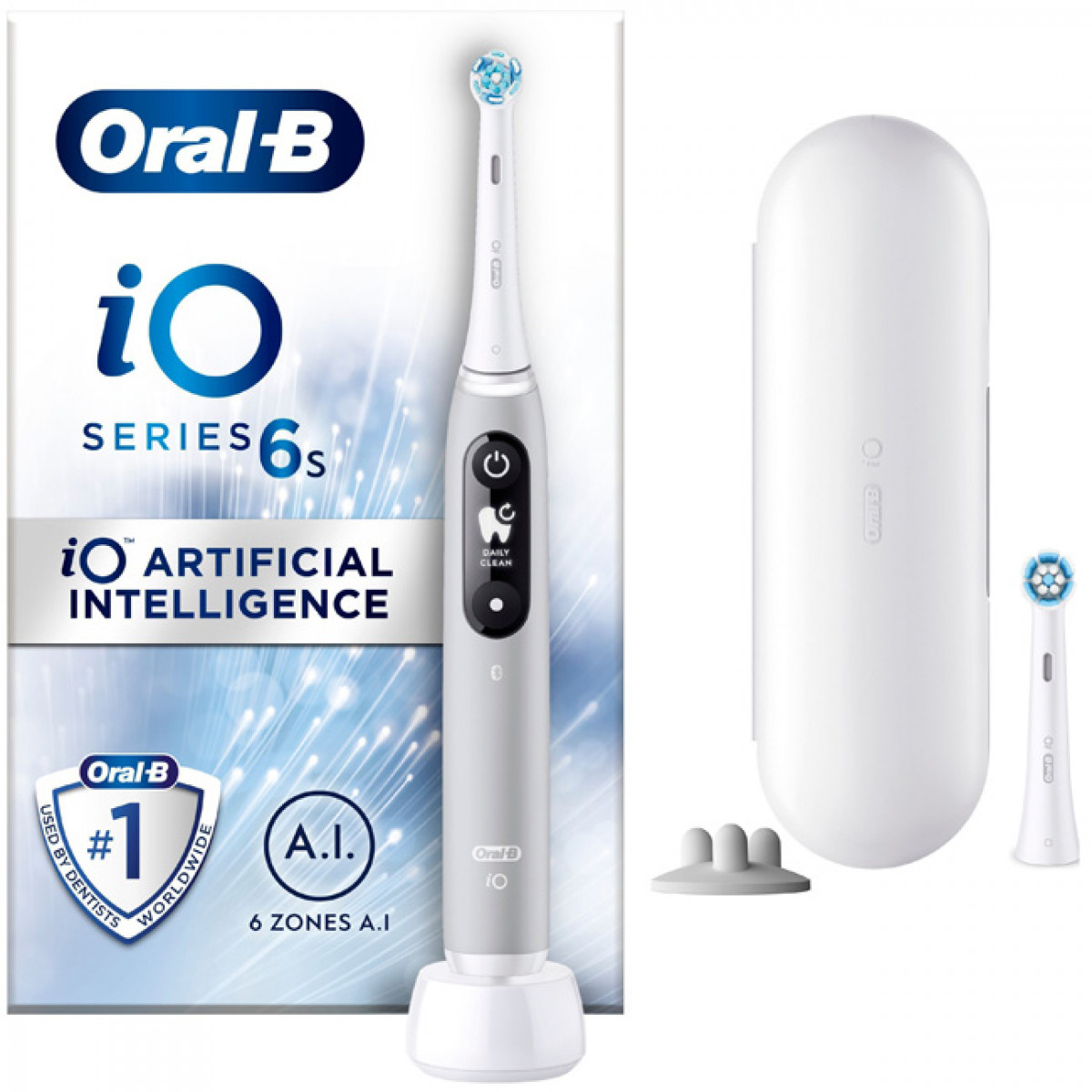 Weißes Oral-B iO Series 6s elektrisches Zahnbürsten-Set mit Ladegerät, Reiseetui und zusätzlichem Bürstenkopf.