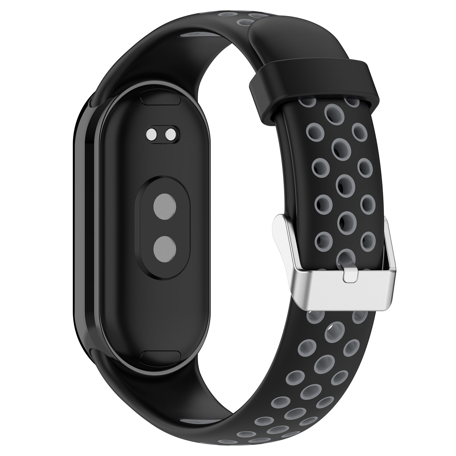 Schwarzer Fitnesstracker mit perforiertem schwarz/grauem Armband und silbernem Verschluss.