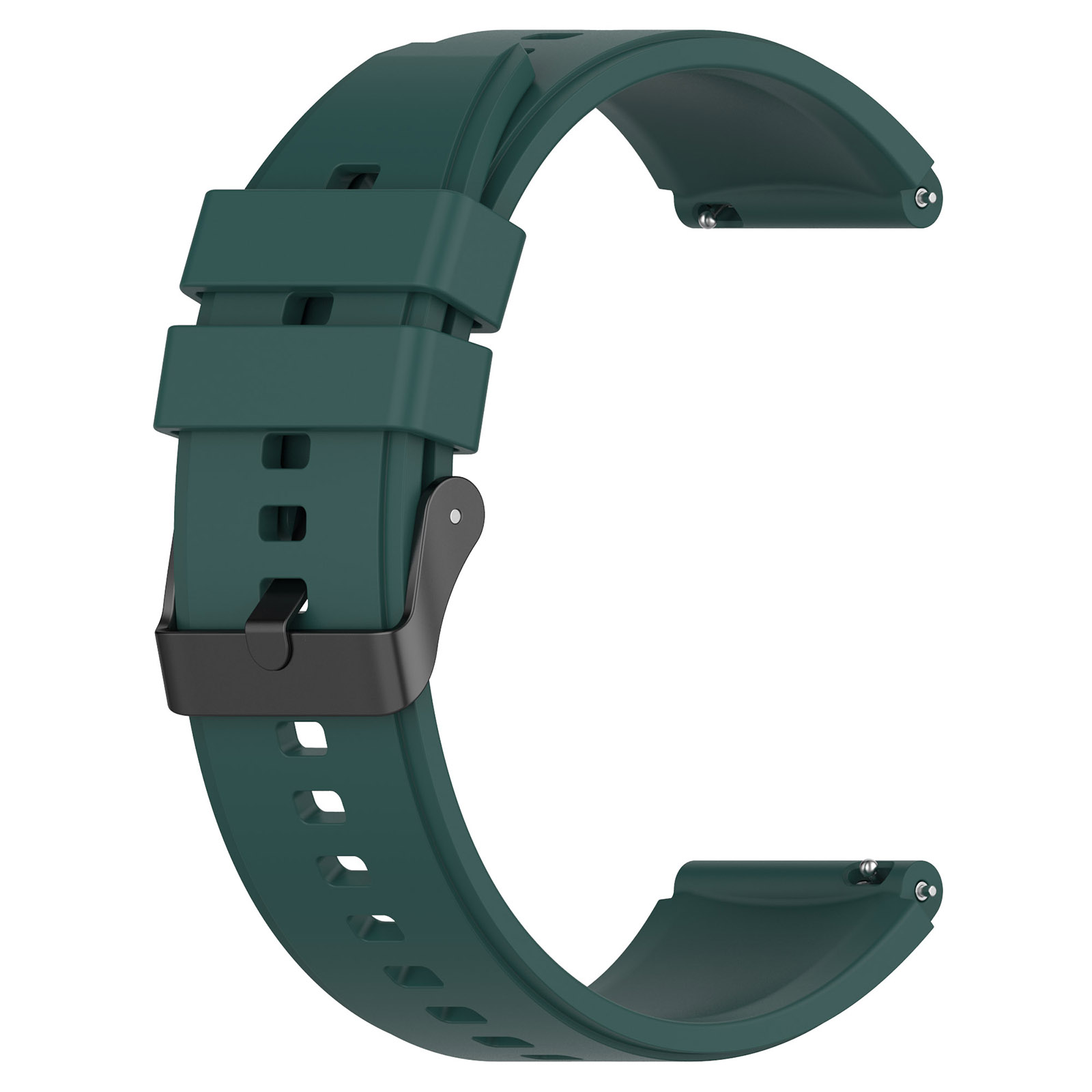 Dunkelgrünes Smartwatch-Armband mit schwarzer Schnalle. Das Armband ist gebogen und zeigt die volle Form.