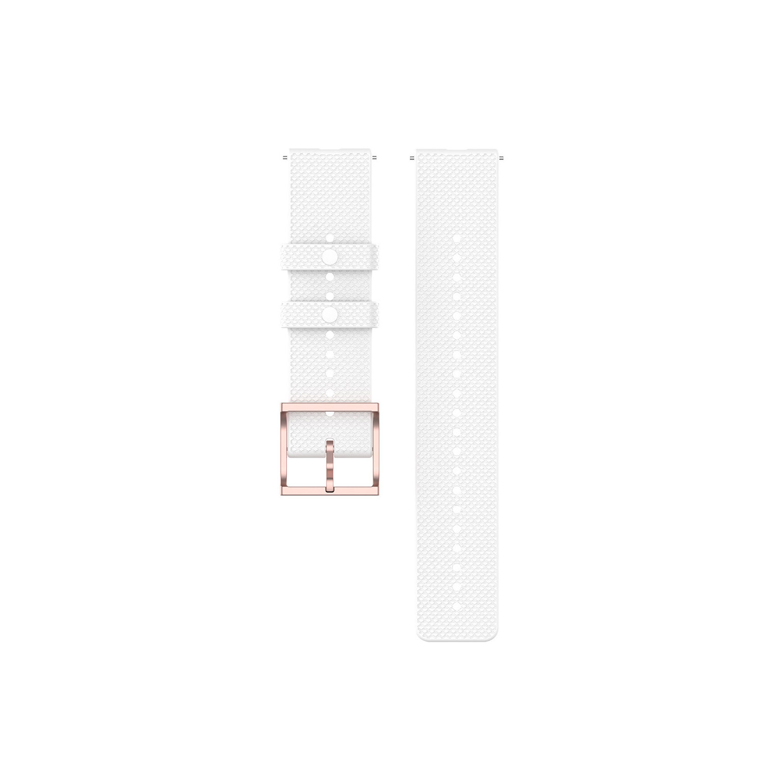 Dos correas de reloj blancas con hebilla de oro rosa. Fondo blanco.