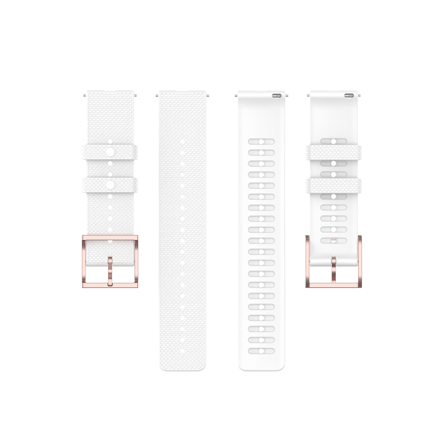 Cuatro correas de reloj blancas con hebillas de oro rosa. Dos se muestran abiertas, dos cerradas.