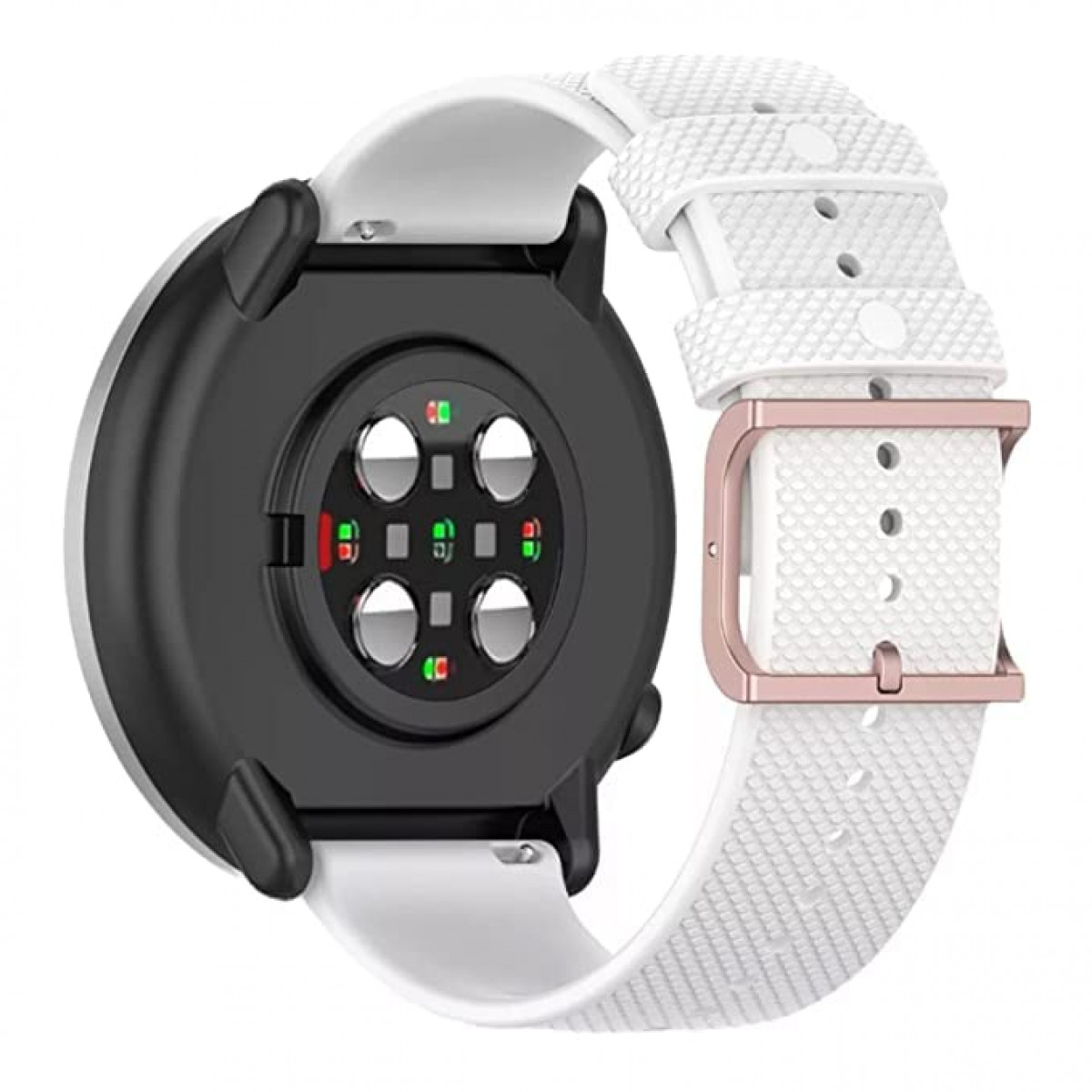 Parte trasera de un reloj inteligente con correa blanca. Área del sensor negro y correa blanca.