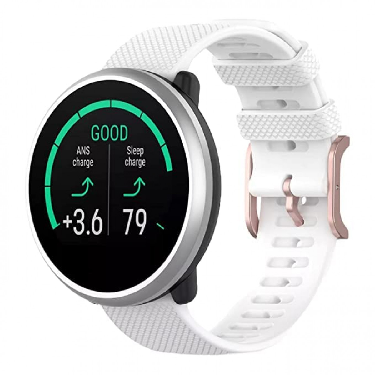Reloj inteligente con correa blanca, mostrando datos de salud.