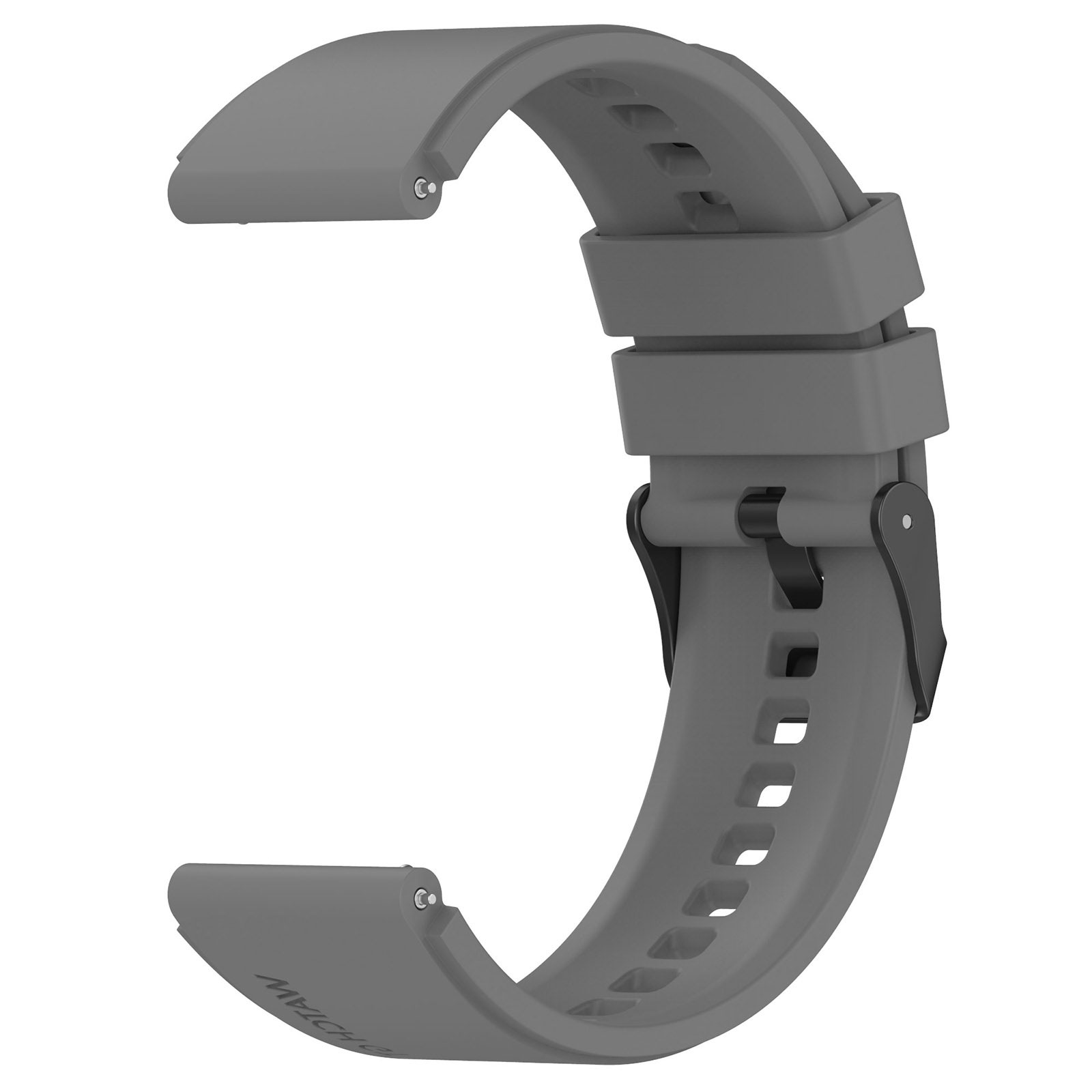 Graues Uhrenarmband mit Schnalle. Zeigt die Kurve des Armbands.