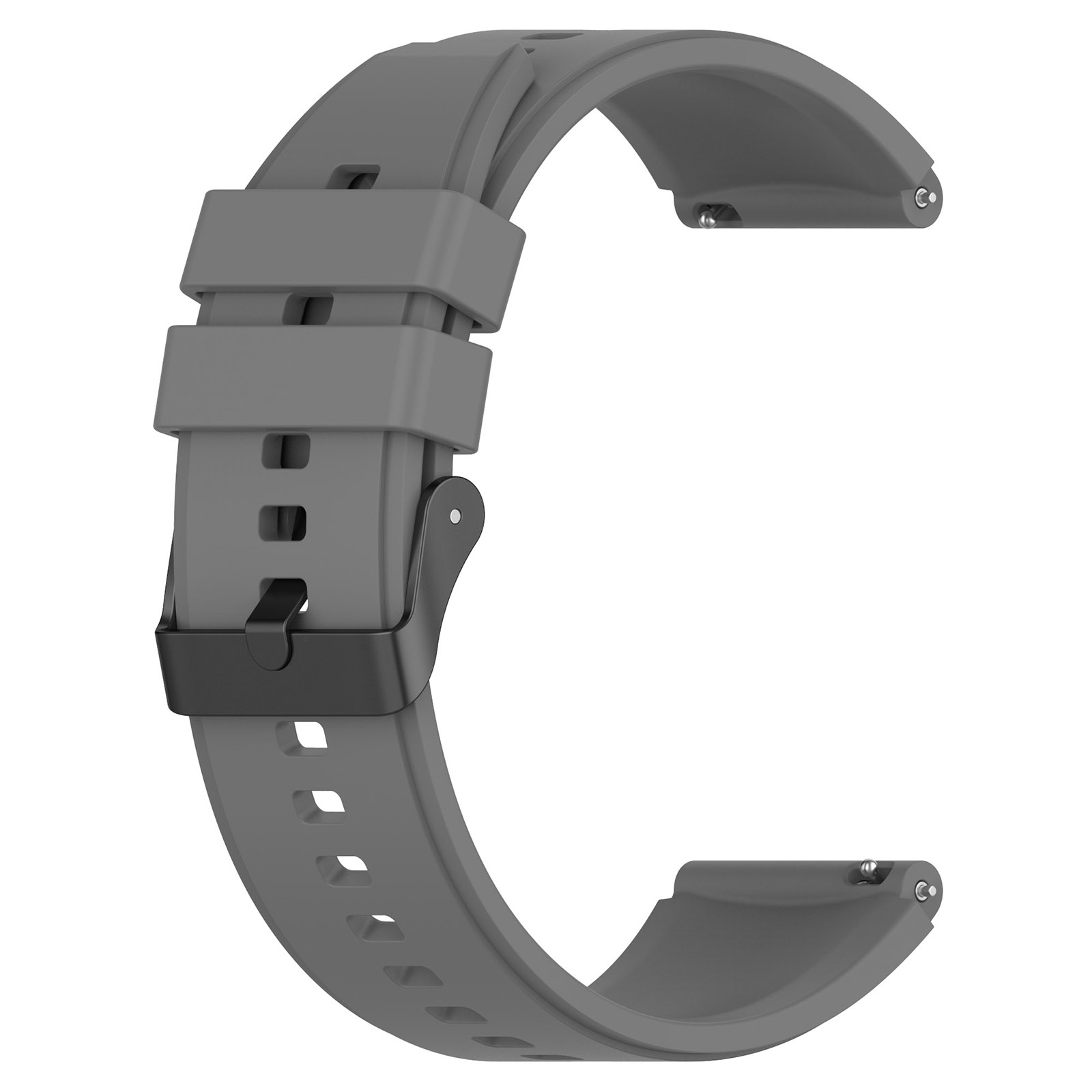 Ein graues Uhrenarmband mit schwarzem Verschluss, gebogene Form.