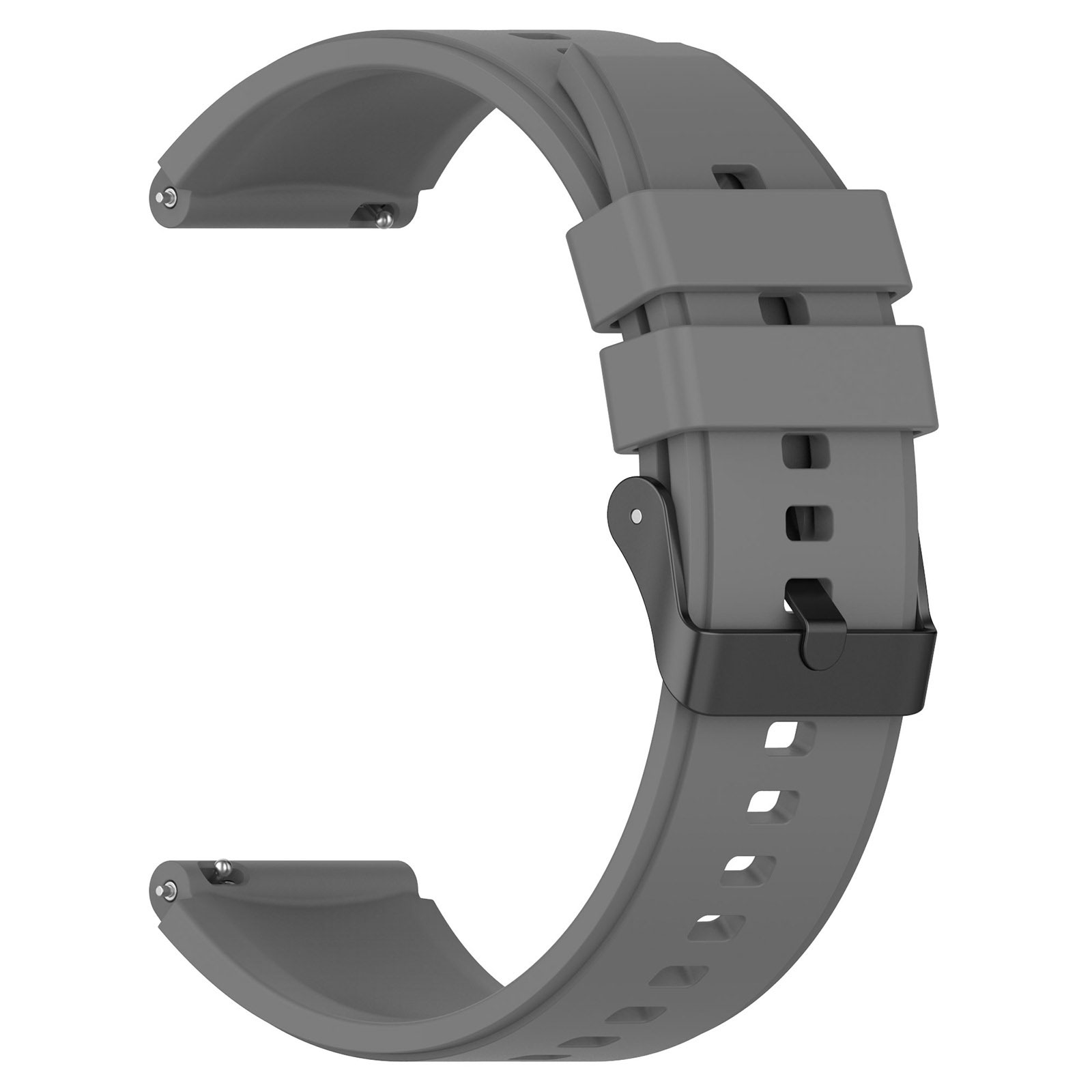 Graues Uhrenarmband mit schwarzer Schnalle.