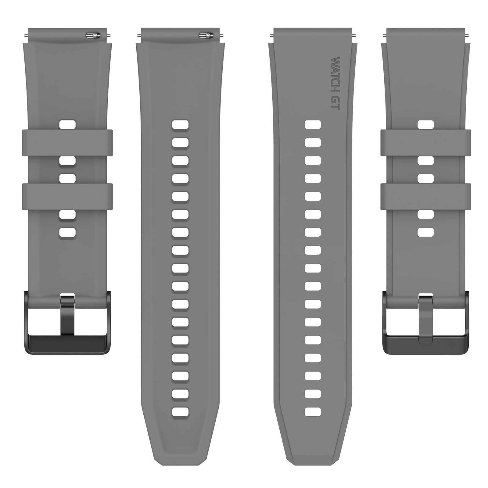 Vier graue Smartwatch-Armbänder mit schwarzen Verschlüssen. Eines hat den Text "WATCH GT" aufgedruckt.