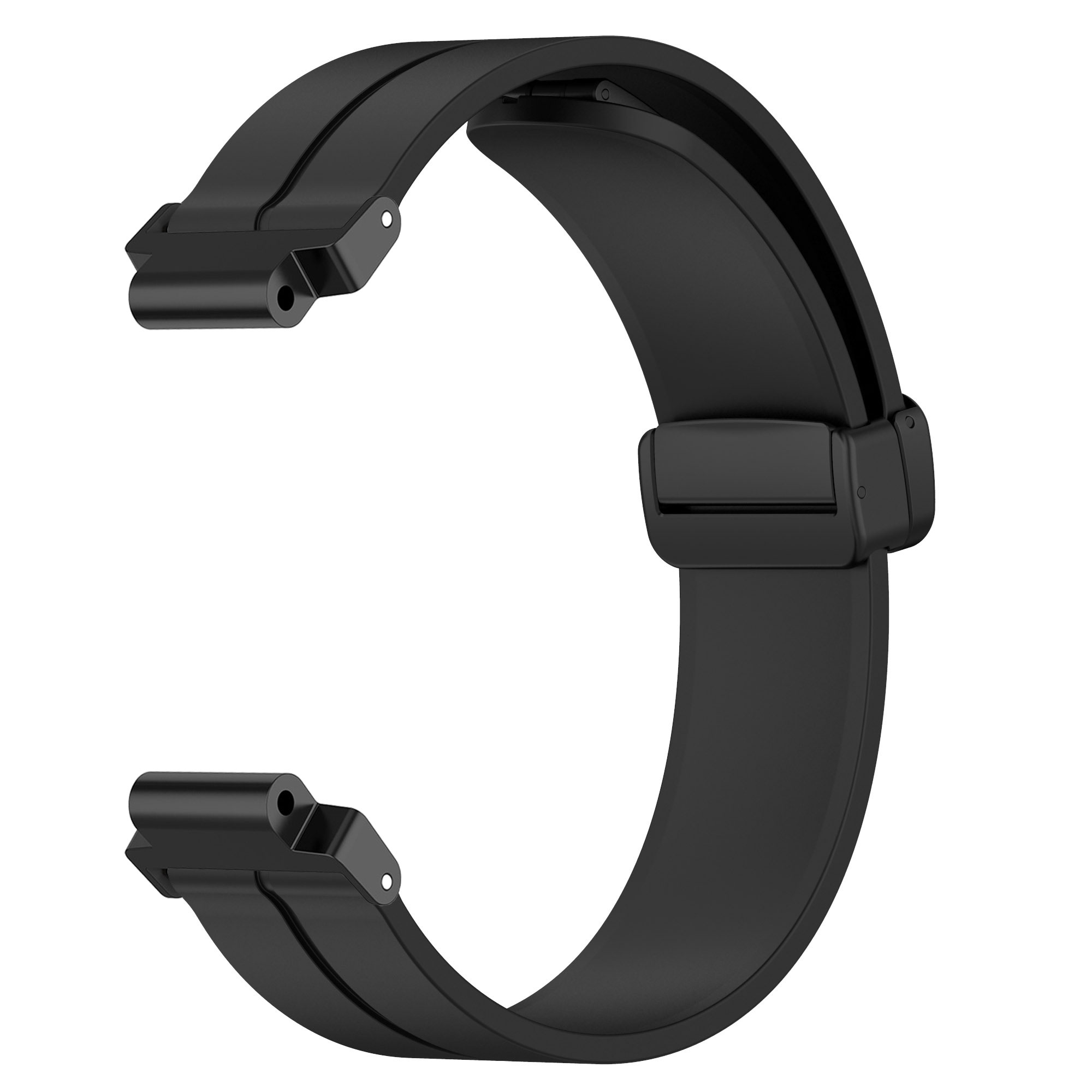 Schwarzes Uhrenarmband mit Schnalle. Das Armband ist gebogen und hat ein schlichtes Design.