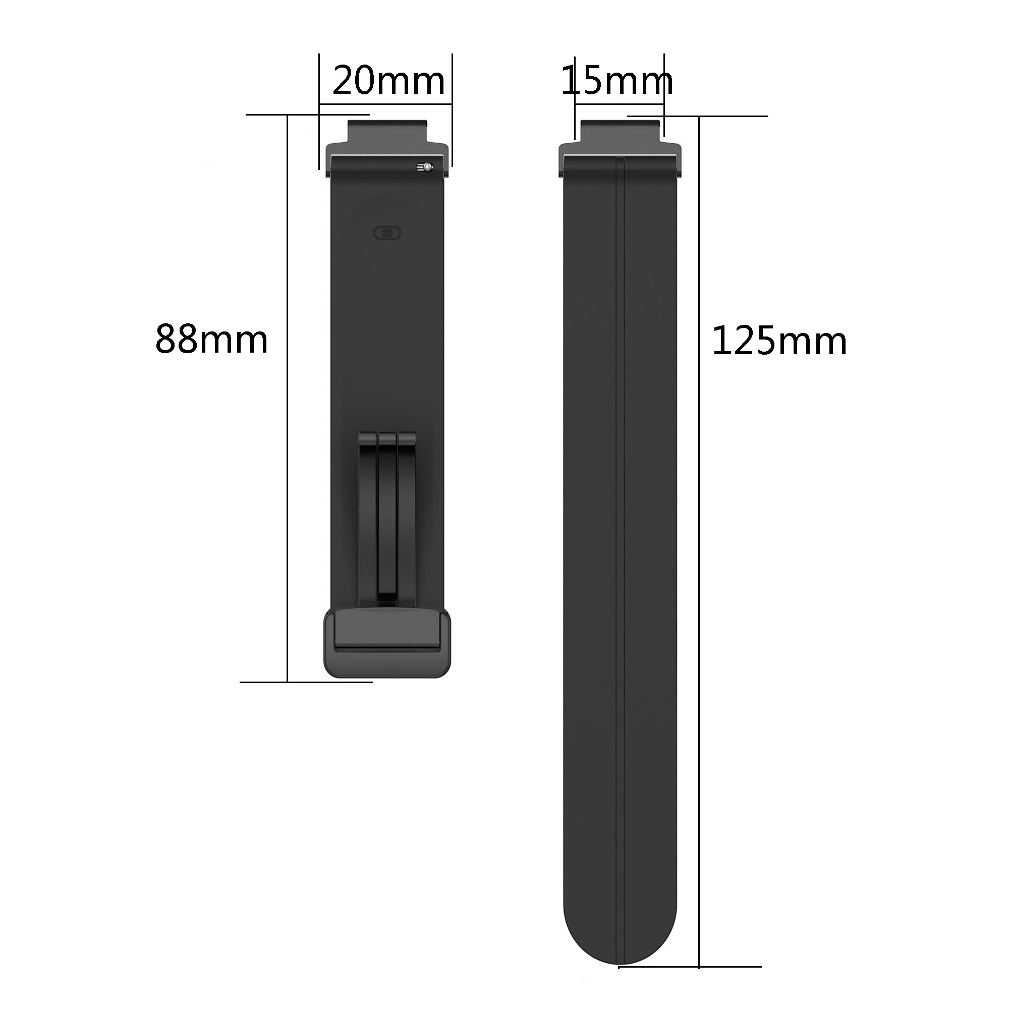 Zwei schwarze Smartwatch-Armbänder. Eines ist 88 mm lang, das andere 125 mm lang.