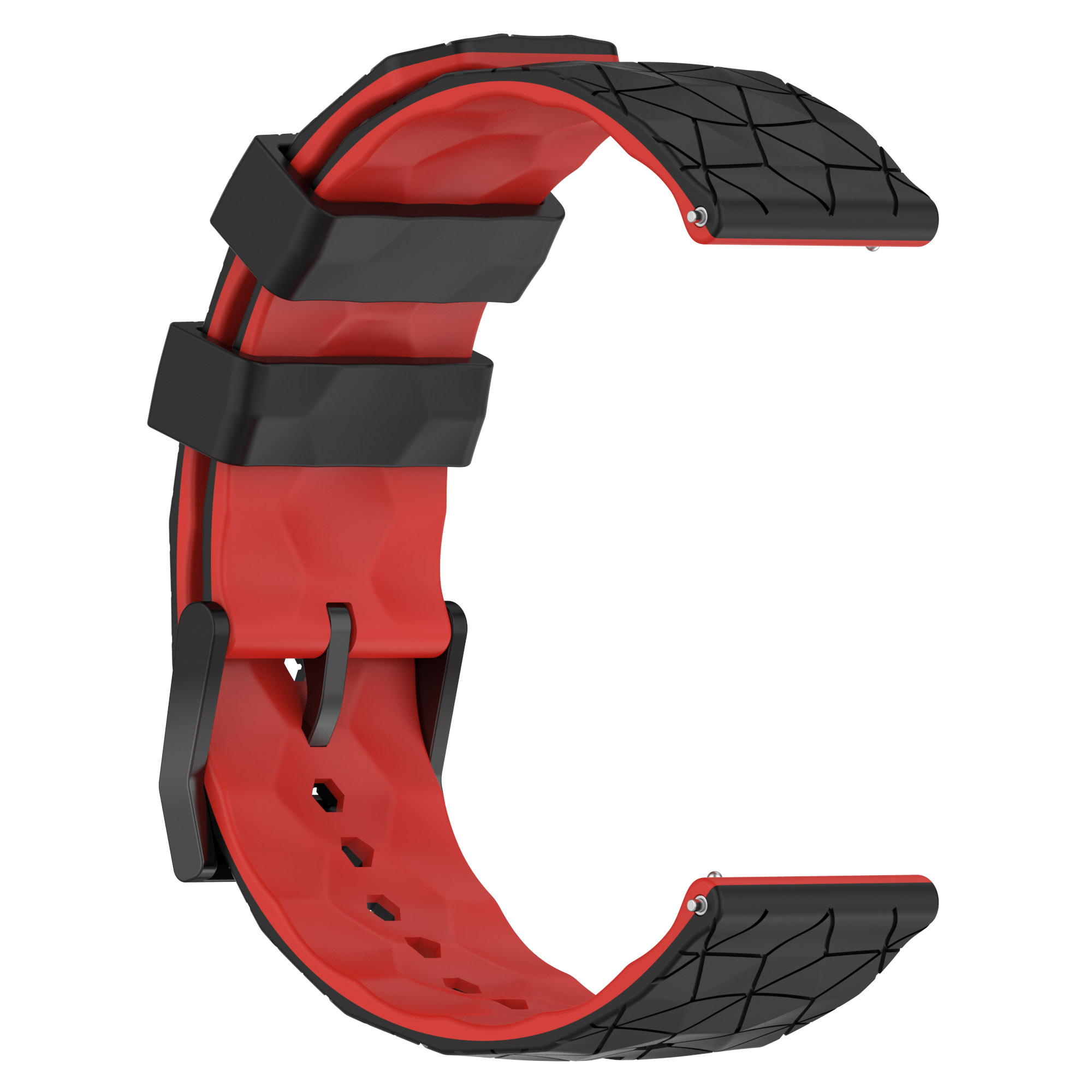 Rotes und schwarzes Uhrenarmband. Schwarze Riemen und roter Mittelteil mit strukturiertem Design.