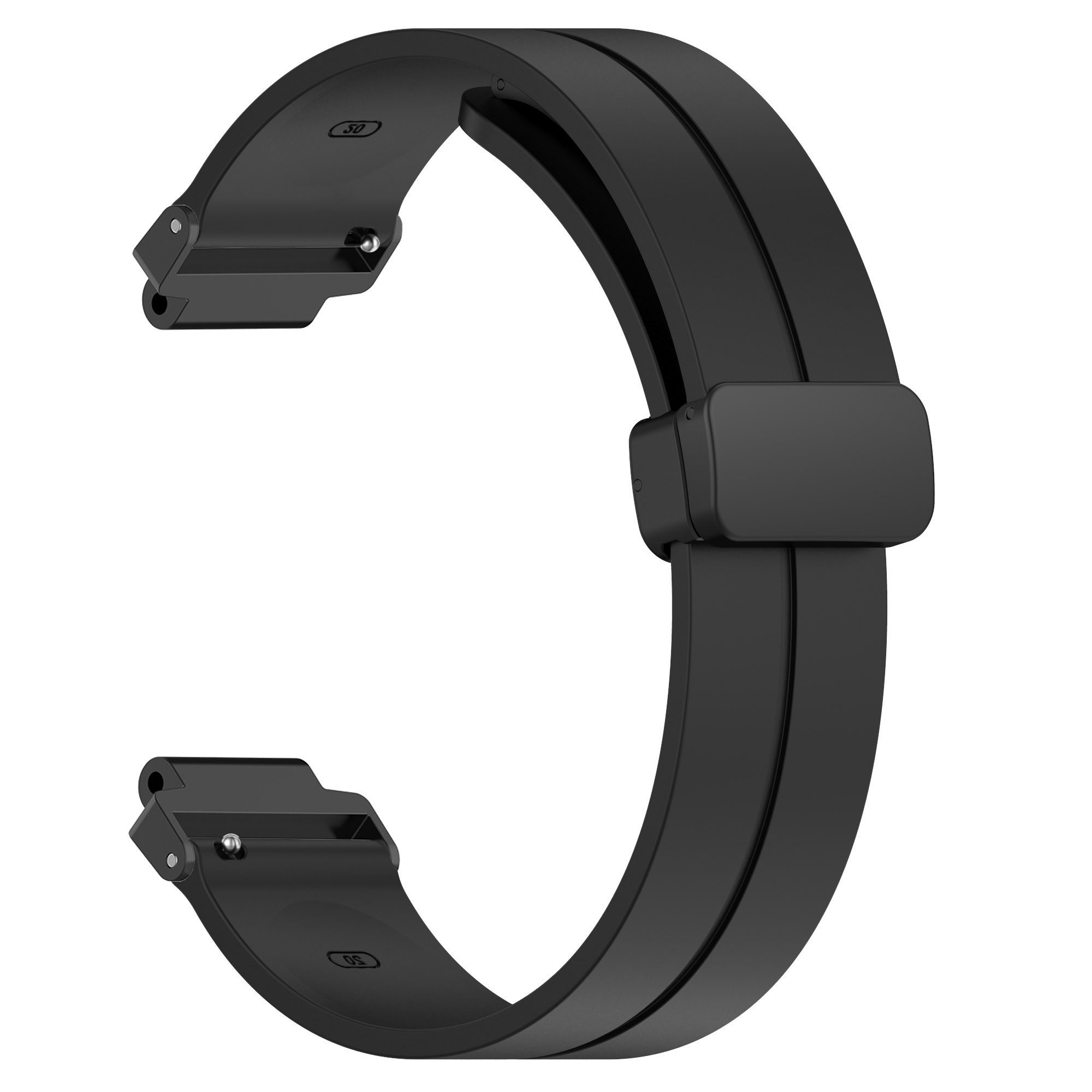 Schwarzes Uhrenarmband mit Verschluss. Es ist ein Gummiband mit verstellbarem Abschnitt.