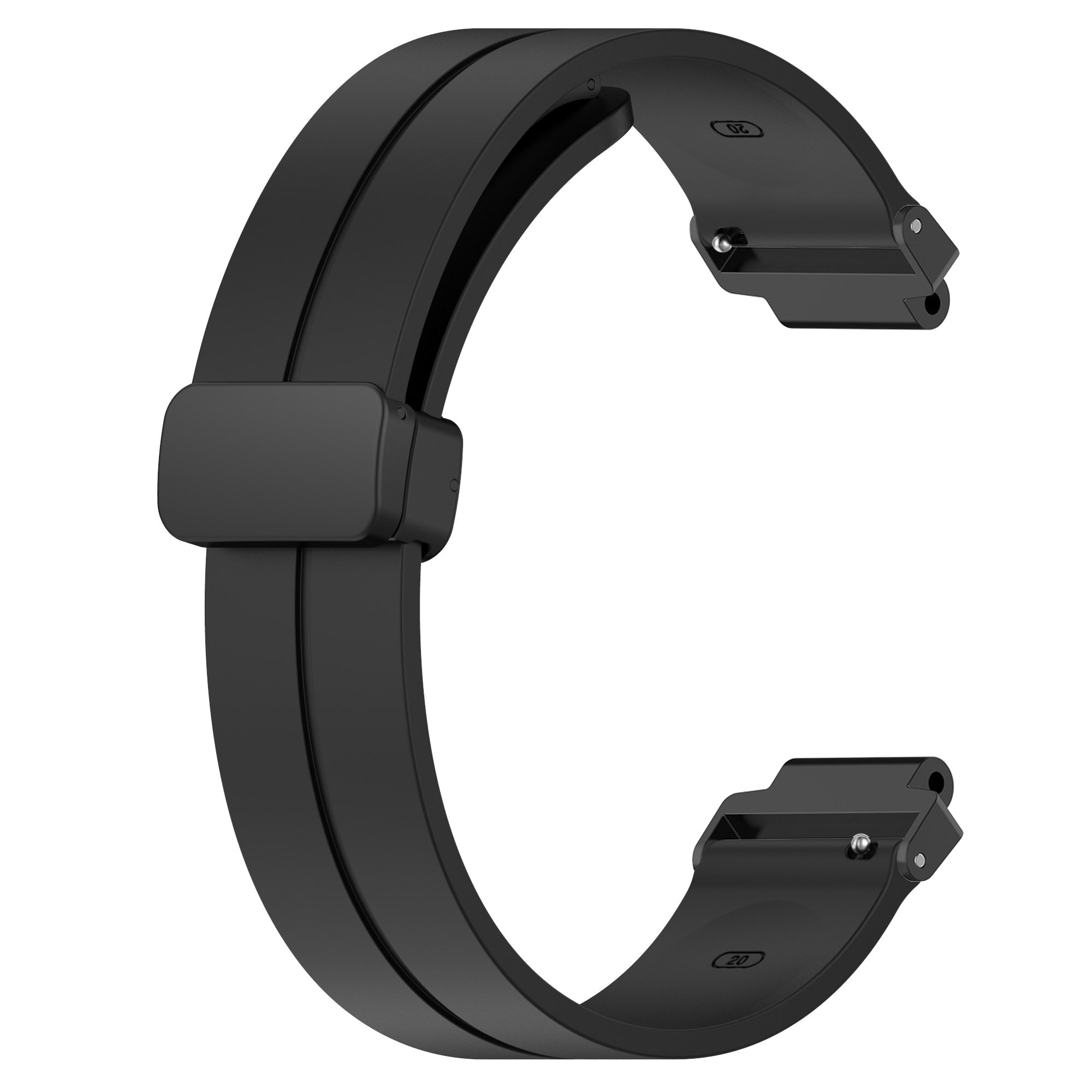 Schwarzes Uhrenarmband in gebogener Form, mit Verschluss.