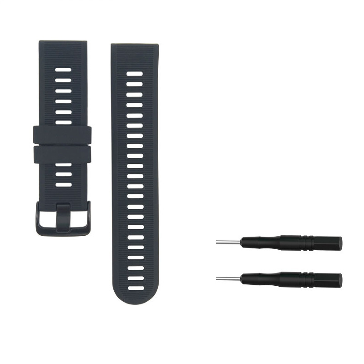 Dwa paski do zegarka i dwa małe narzędzia. Paski są ciemnoszare.