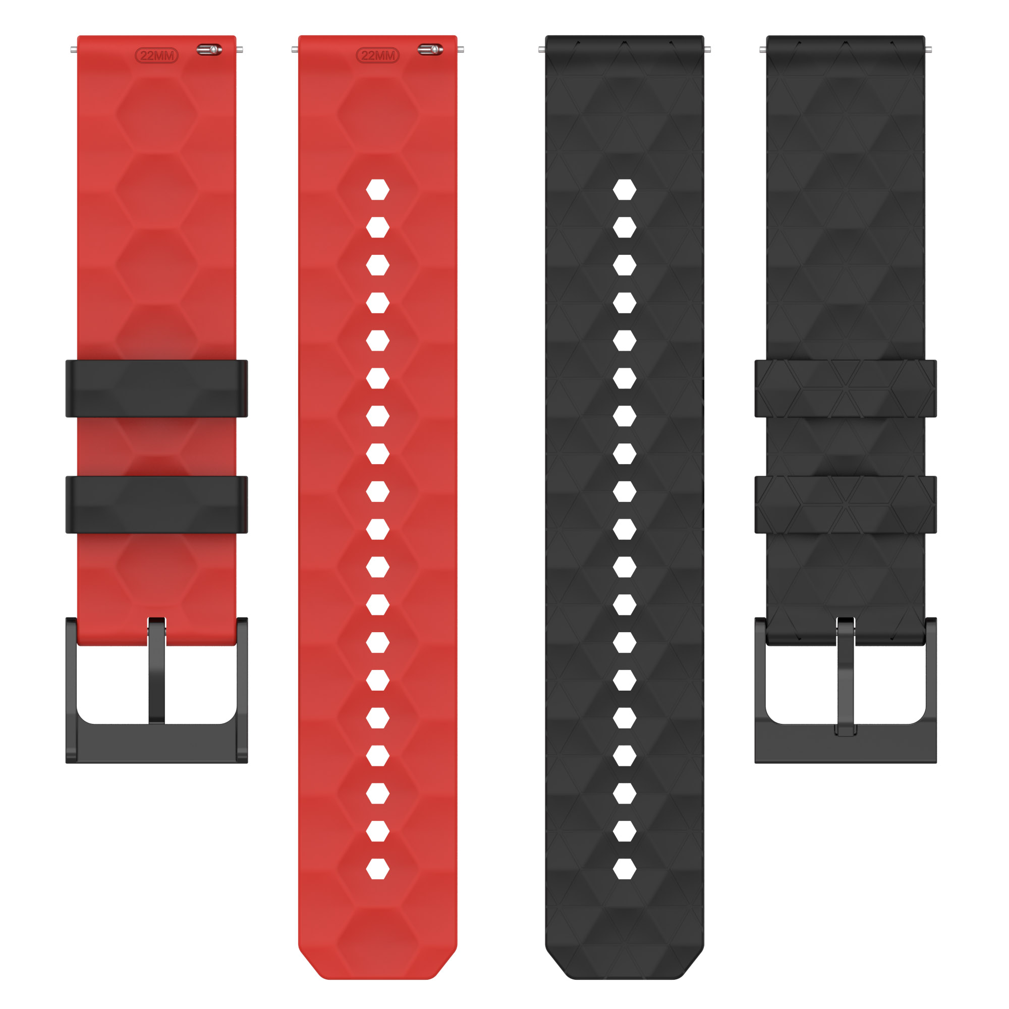 Zwei Uhrenarmbänder: eines rot mit schwarzen Akzenten, eines schwarz mit Wabenmuster.