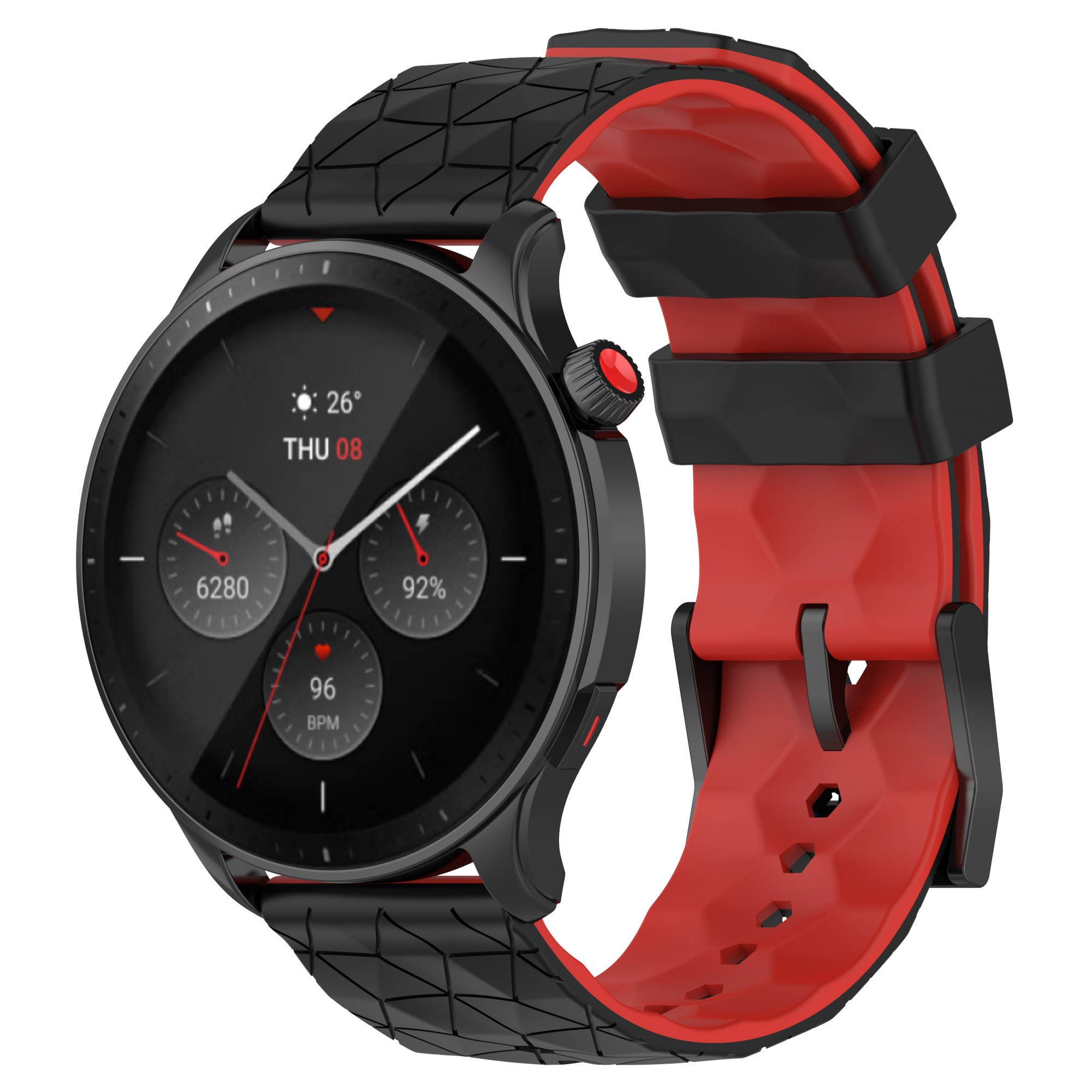 Schwarze Smartwatch mit rotem Armband. Zeigt Zeit, Datum und Gesundheitsmetriken an.