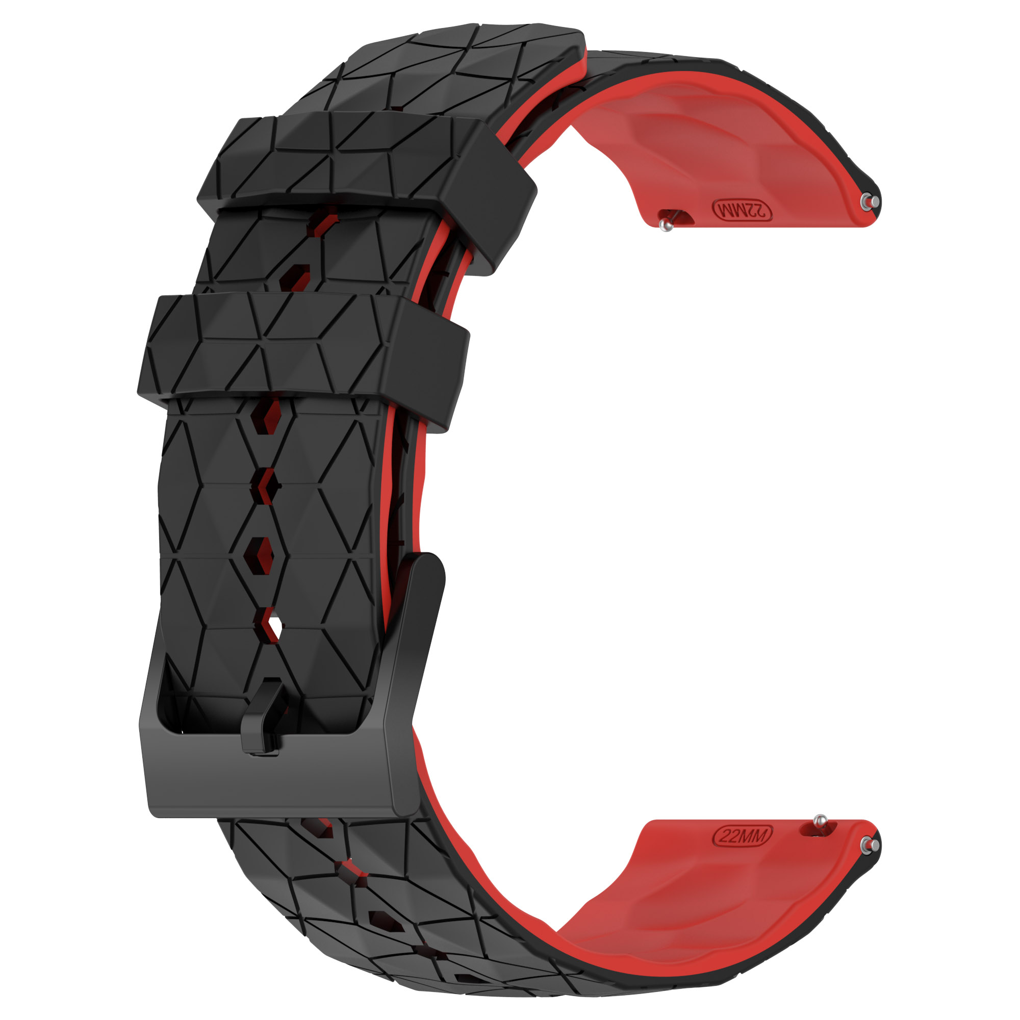 Schwarzes Uhrenarmband mit rotem Innenraum und schwarzer Schnalle. Das Armband ist gemustert.