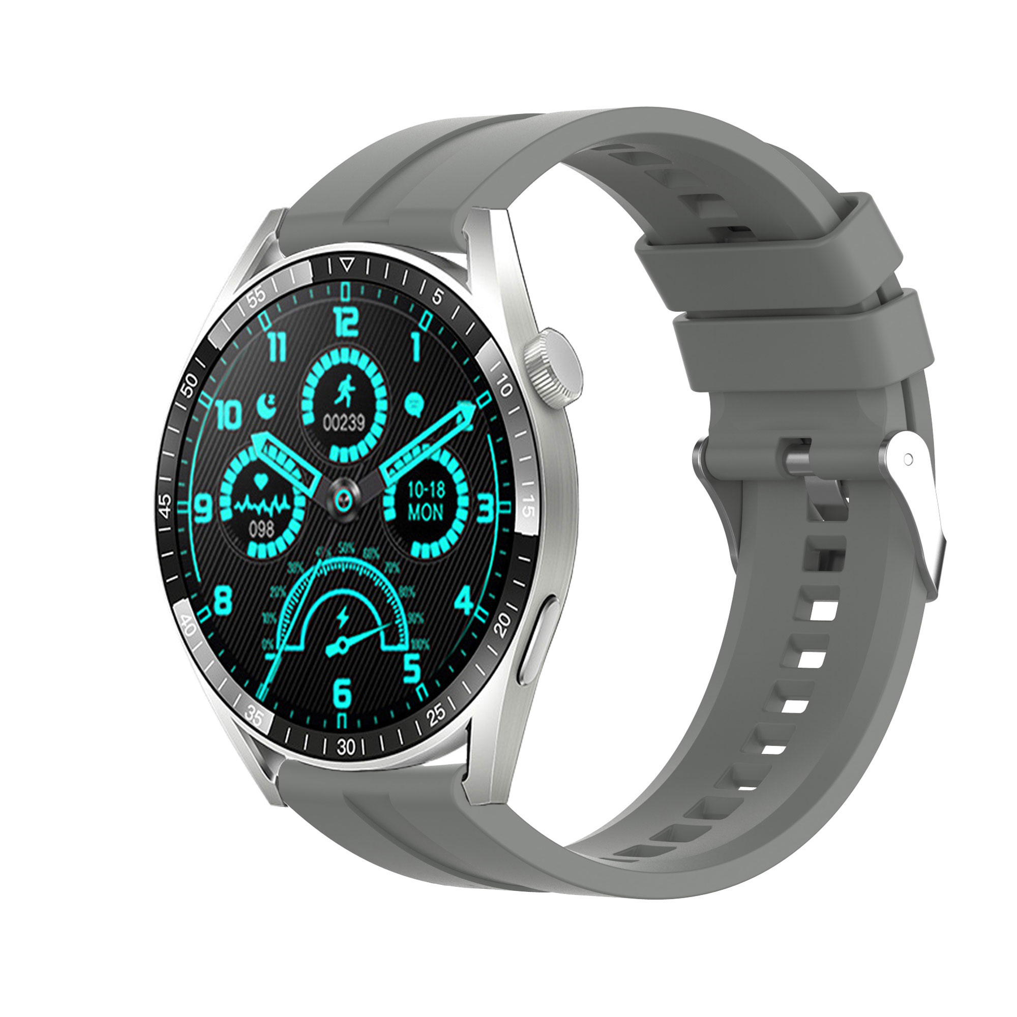 Eine graue Smartwatch mit schwarzem Bildschirm, der Daten anzeigt, und einem grauen Armband.