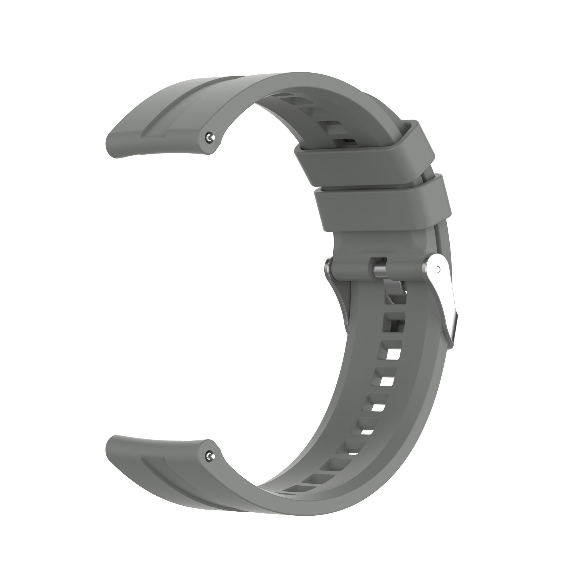 Graues Uhrenarmband mit Metallverschluss. Das Armband hat eine gebogene C-Form.