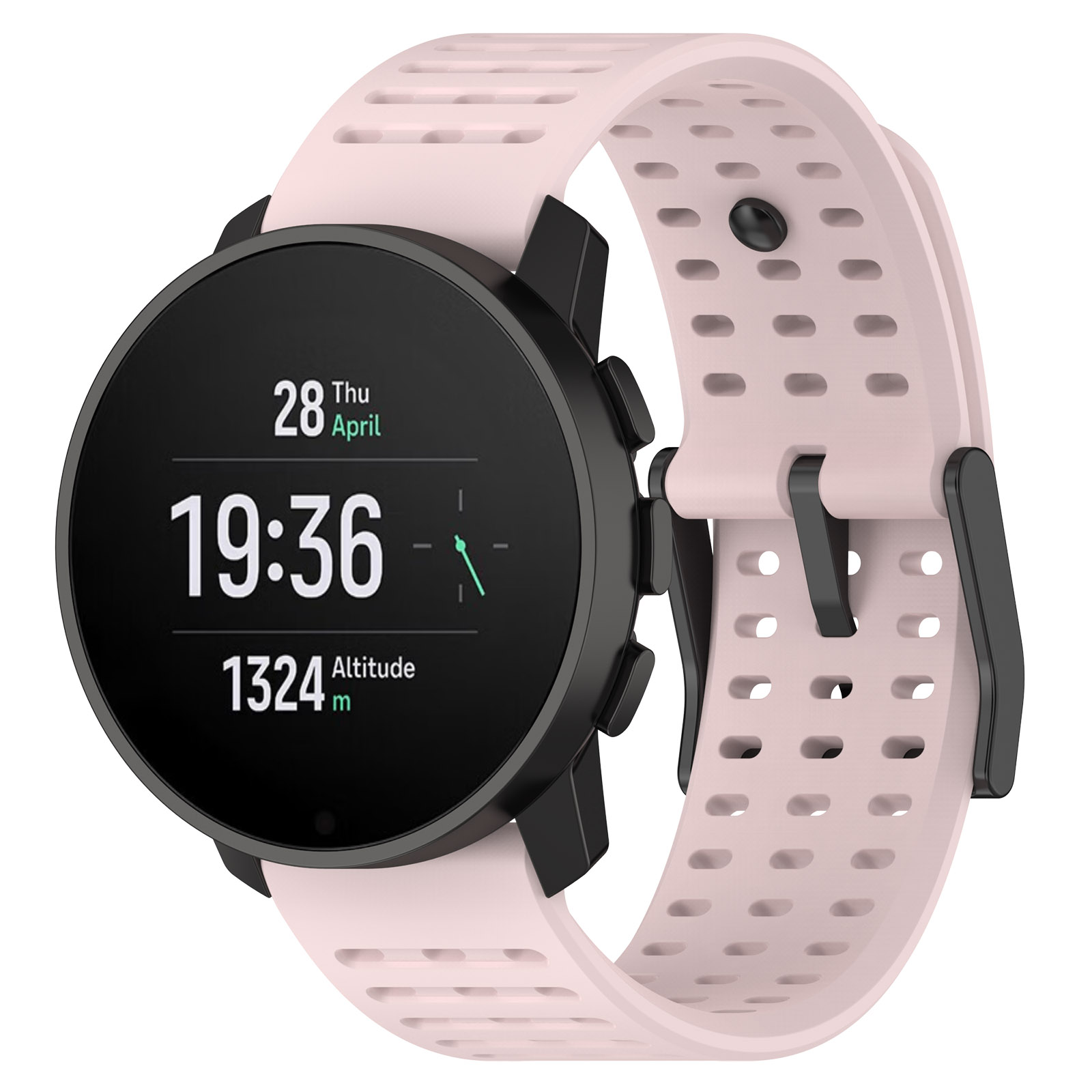 Eine schwarze Smartwatch mit pinkfarbenem Armband zeigt Datum und Uhrzeit, vor weißem.